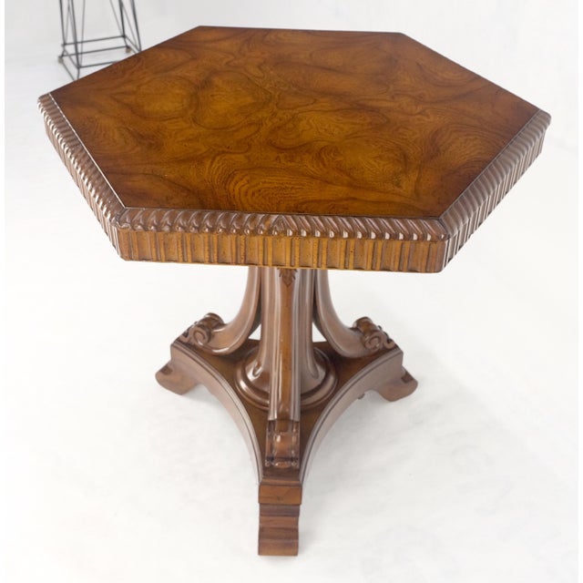 Mid 20th Century Fine Hexagon Burl Wood Top Tripod Carved Scroll Base Rope Edge Center Table MINT For Sale - Image 5 of 17