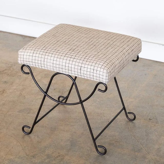 Metal Panoplie Iron Loop Stool, Linen Check For Sale - Image 7 of 8
