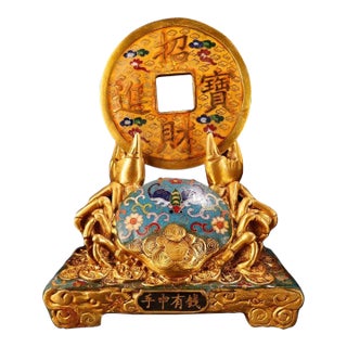 Vintage Cloisonne Enamel Crab & Coin Sculpture – 9.8" Auspicious Wealth Figure For Sale