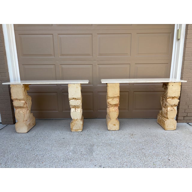 Late 20th Century Pair of Neoclassical Travertine Consoles With Winged Figural Bases For Sale - Image 13 of 14