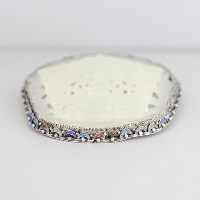 Vintage Chinese Silver, Carved Jade, and Enamel Brooch For Sale - Image 10 of 16
