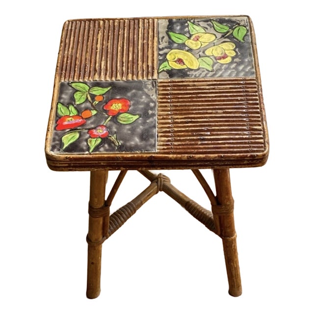 Coffee Table in Rattan and Ceramic attributed to Audoux and Minet attributed to Adrien Audoux & Frida Minet, 1950s For Sale