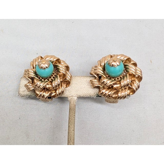 1950s Vintage 1950s Signed Napier Goldtone Faux-Turquoise Clip Earrings-2 Pieces For Sale - Image 5 of 7