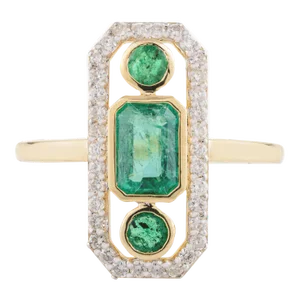 Emerald Axis Ring in 18k Yellow Gold Three Stone Ring Size 7