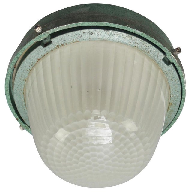 Holophane Vintage French Industrial Green Cast Iron and Frosted Cut Glass Flush Mount from Holophane For Sale - Image 4 of 9