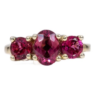 1.7Ct Three-Stone Rubellite Tourmaline Ring in Solid 14k Gold, Oval Cut 7x5mm, Size 6.75 For Sale