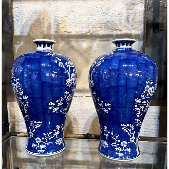Chinese Pair Early 20th Century Chinese Cobalt Meiping Vases With Prunus Decoration For Sale - Image 3 of 8