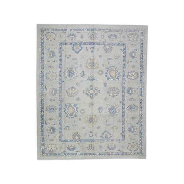 Blue Early 21st Century Blue Floral Design Handwoven Wool Turkish Oushak Rug 9'4" X 11'5" For Sale - Image 8 of 8