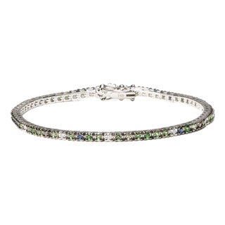 18K White Gold 3/8 Cttw Diamond with Blue Sapphire and Green Tsavorite Gemstone Multi-Colored Tennis Bracelet (Brown and G-H Color, SI1-SI2 Clarity) For Sale