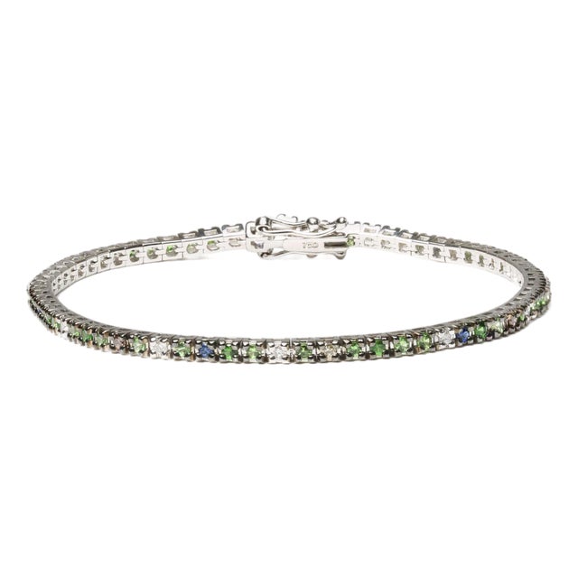 18K White Gold 3/8 Cttw Diamond with Blue Sapphire and Green Tsavorite Gemstone Multi-Colored Tennis Bracelet (Brown and G-H Color, SI1-SI2 Clarity) For Sale