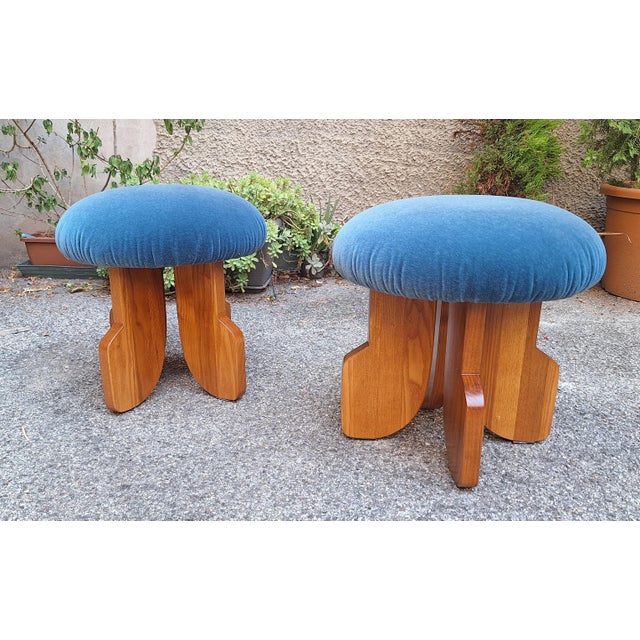 Modern Poufs in Light Wood and Blue Velvet Fabric from Artigianato Italiano, Set of 2, in Flawless conditions. Designed...