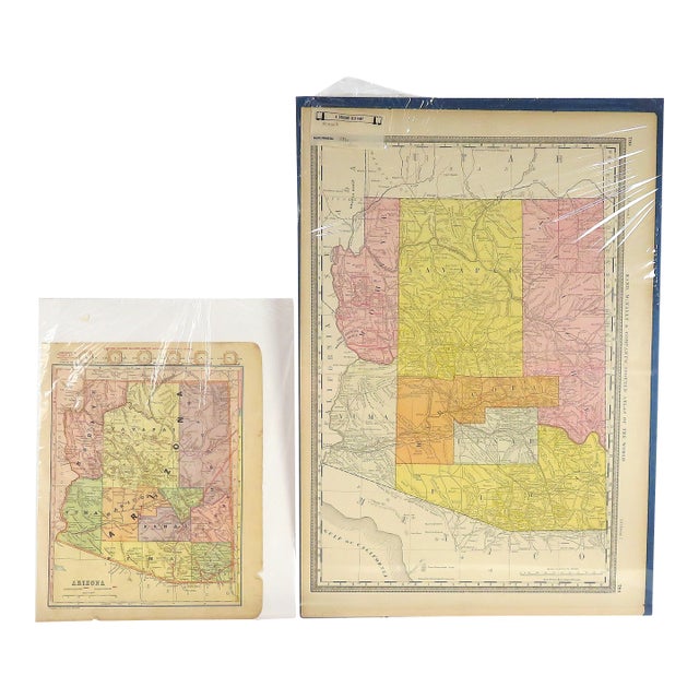 Lot of 4 antique paper maps in varying condition. ~ 2 Arizona pre-statehood maps laying out territories, railroad...