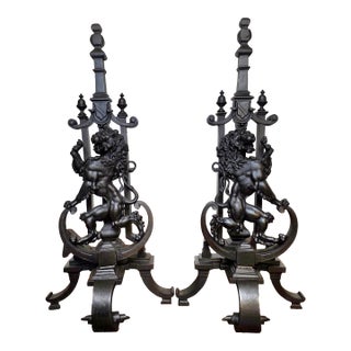 19th Century Renaissance Revival Cast Iron Rampant Lion Andirons - 28" Tall For Sale