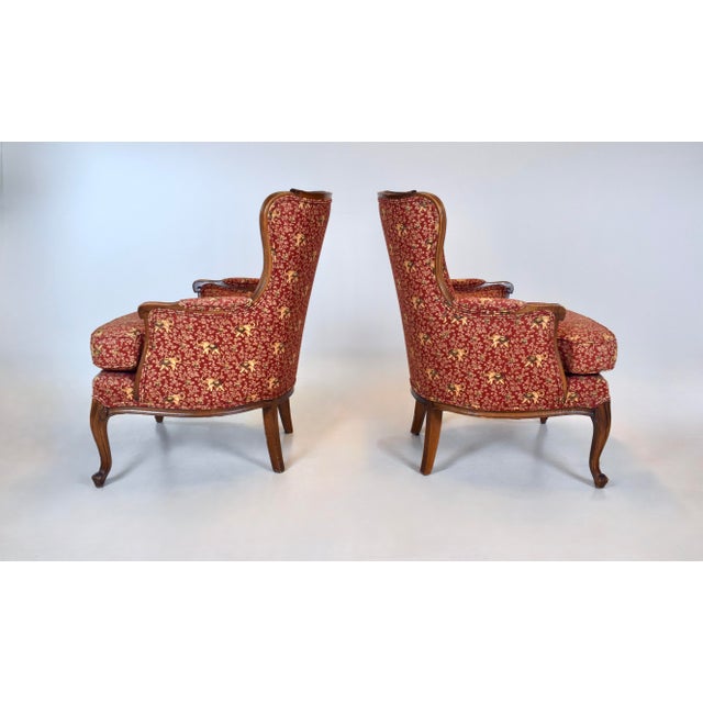 1980s Carved Walnut Bergere Chairs, Louis XV Style, Upholstered, Usa For Sale - Image 5 of 10