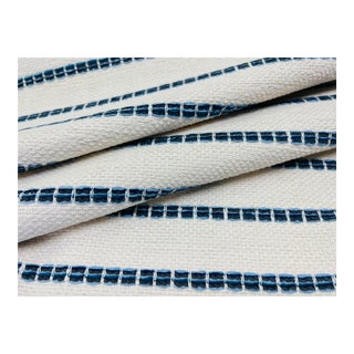 Thibaut Oak Creek Stripe Indigo Inside Out Indoor Outdoor Performance Navy Blue Cream Grey Nautical Upholstery Fabric For Sale