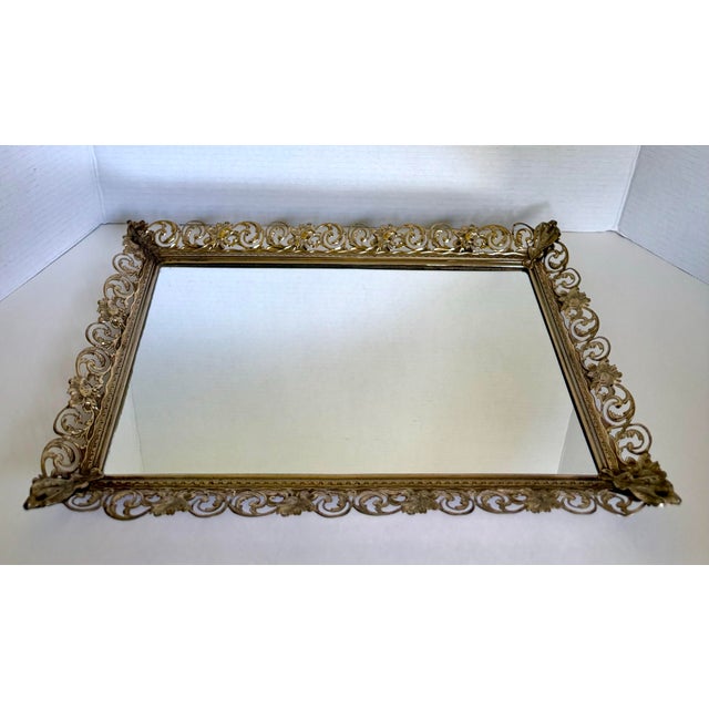 Metal Vintage Hollywood Regency Pierced Gold-Tone Metal Wall or Vanity Mirror For Sale - Image 7 of 10