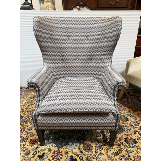 Traditional Chevron Printed Wool Felt Wingback Chair For Sale - Image 3 of 12