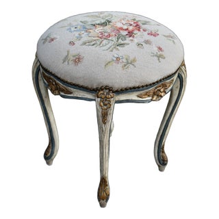 Vintage Needlepoint Venetian Painted Round Bench W/Nail Head Trim/Distressed For Sale