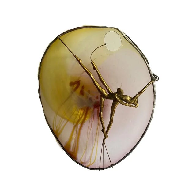 Metal Vintage Art Glass and Brass Wall Hanging Sculpture, Artist Signed and Dated 1982 For Sale - Image 7 of 8