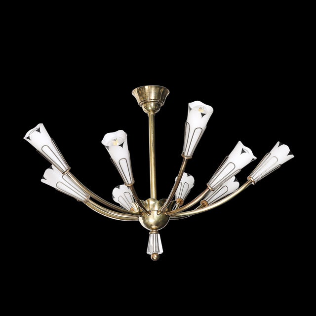 1950s Mid-Century Tulip Form Chandelier in Brass & Frosted Glass W/ Enamel Detailing For Sale - Image 5 of 11