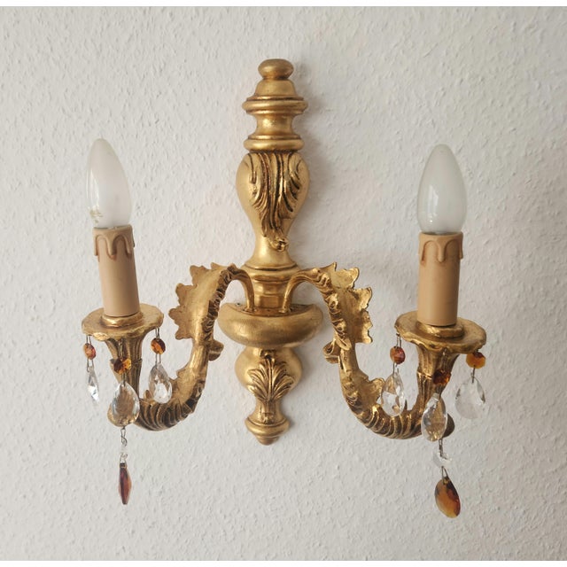 Classic wooden crystal wall light, 2 lights hand-carved antique florentine wall pendant in baroque/rococo style with...