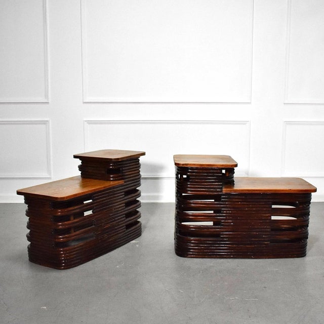 1930s Paul Frankl Deco Stacked Rattan Tiered Side Tables - A Pair For Sale - Image 5 of 7