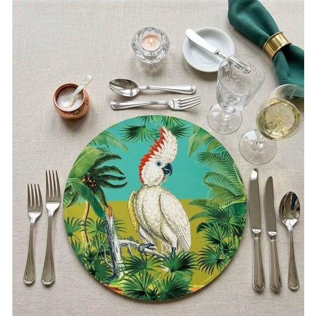 Wood Italian Handmade Firenze Cockatoo & Tropical Palm Lacquered Placemat For Sale - Image 7 of 8