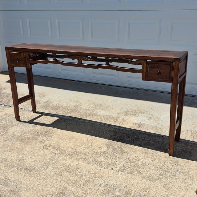 Vintage Asian Carved Elm Wood Extra Long 74” Altar Table Console Table Sideboard W/ 2 Drawers For Sale - Image 12 of 12