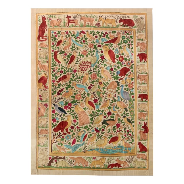 Vintage Hand Embroidered Wall Tapestry with Silk Thread Embroidery, 1980s For Sale