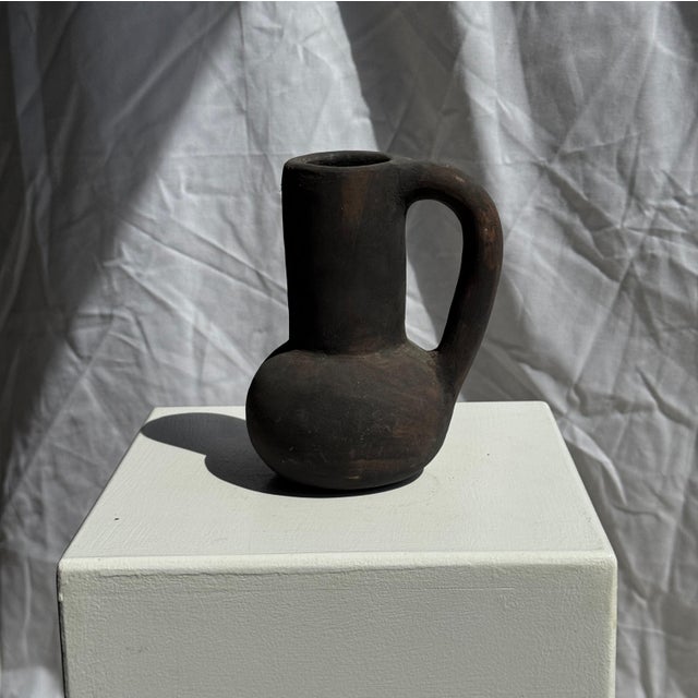 Black Ceramic Soliflore Vase with Indonesian Terracotta Handle, 1980s For Sale - Image 4 of 9