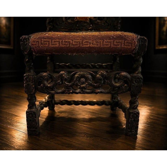 Antique Carved Oak Hall Chair with Cherub Crest and Barley Twist, 1800s For Sale - Image 4 of 10