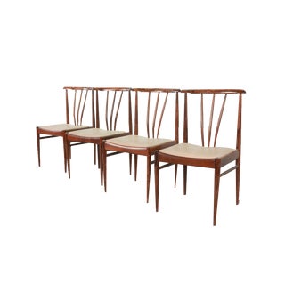 Scandinavian Rosewood Spindle Back Dining Chairs with Caramel Leatherette Upholstery, 1970s, Set of 4 For Sale
