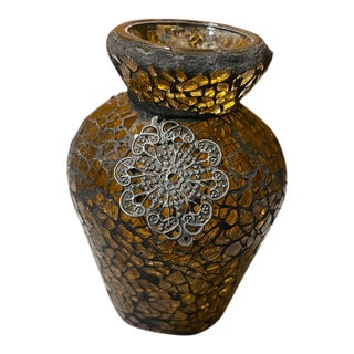 Amber Crackle Glass Mosaic Vase With Silver Filigree Charm 12 Inch Boho Decor For Sale