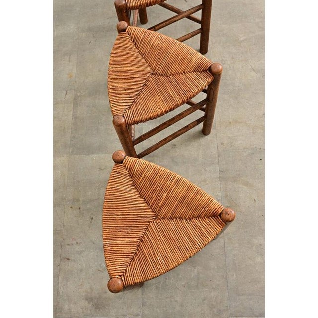 Brown French Vintage Set of Four Oak and Rush Seat Triangular Stools For Sale - Image 8 of 9