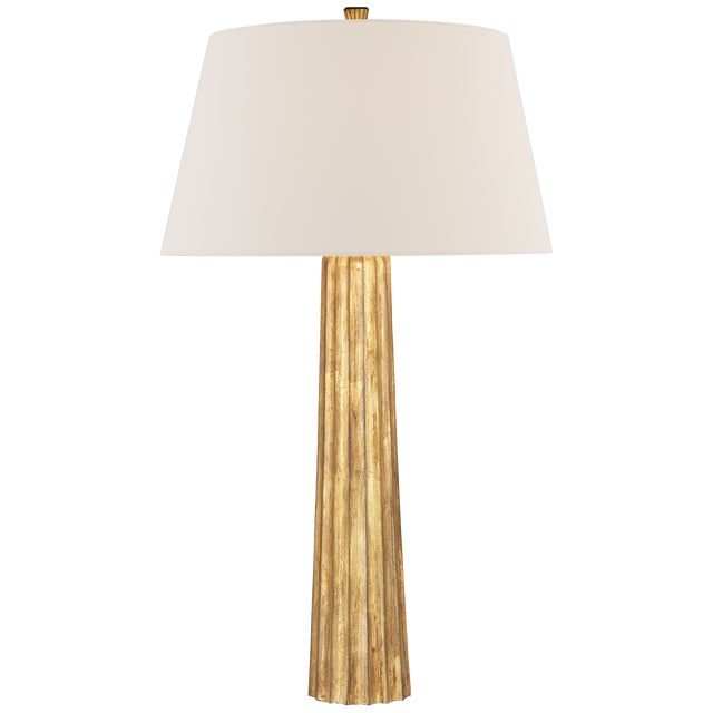 Traditional Chapman & Myers by Visual Comfort Signature Fluted Spire Large Cordless Table Lamp in Gilded Iron with Linen Shade For Sale - Image 3 of 3