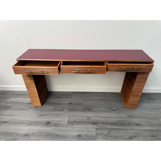 Three Drawers Fluted Wood Console Table with Crimson Red Glass Top, 1970s For Sale - Image 4 of 9