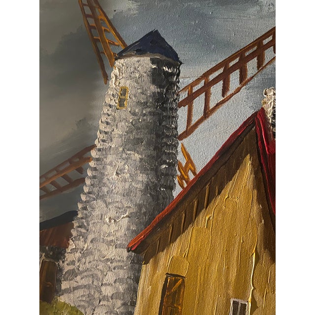 Farmhouse Mid-20th Century Windmill & Cottage Landscape Oil Painting on Canvas - Framed & Signed For Sale - Image 3 of 12