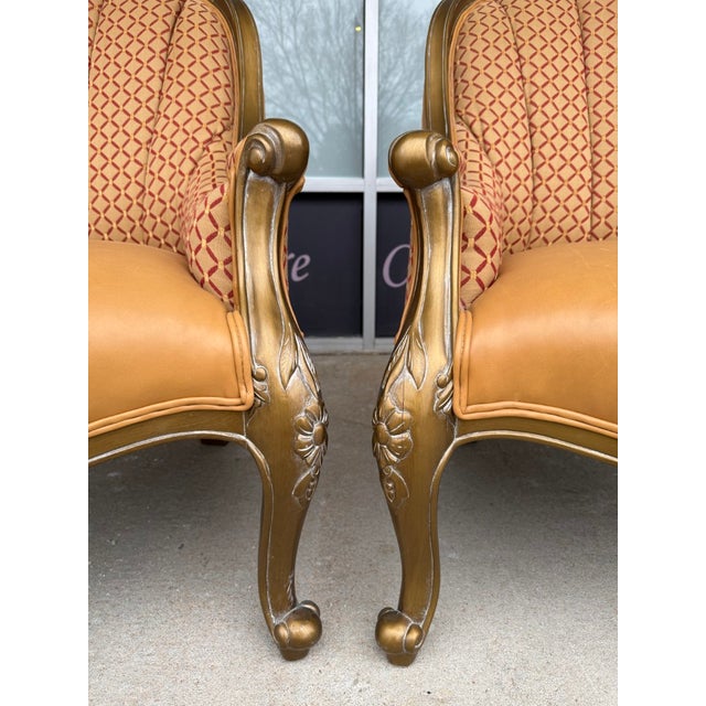 Late 20th Century Pair of Upholstered Bergère Chairs With Leather Seats Attributed to Parker Southern For Sale - Image 11 of 13