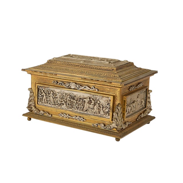 Metal Antique Spanish Gilt Bronze / Silvered Casket Box Lined Interior Decorative Box For Sale - Image 7 of 7