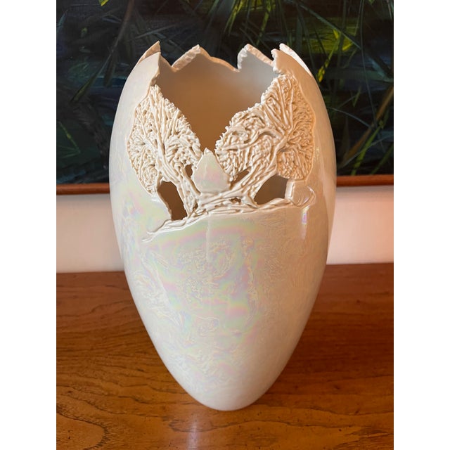 Vintage 1996 Signed 16” Iridescent Studio Pottery Vase For Sale - Image 4 of 9