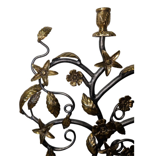 Mid-20th century hand-forged wrought iron candelabra with applied cast brass botanical details. Will work well with...