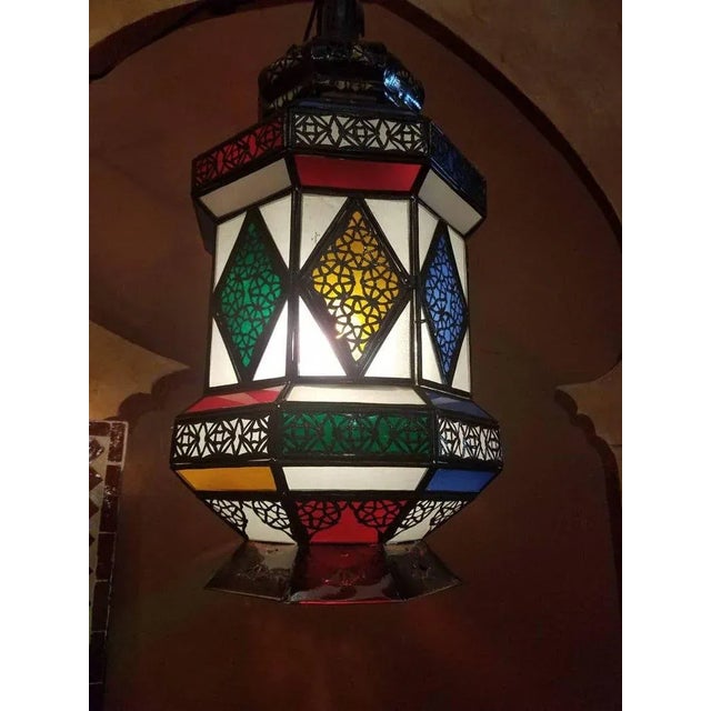 Flat Bottom Moroccan Multicolor Glass Lantern For Sale - Image 4 of 8