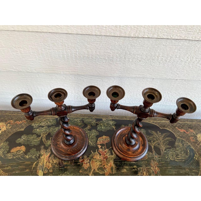 Pair Antique English Oak Barley Twist Candlesticks Candelabras Candle Holders For Sale - Image 17 of 18