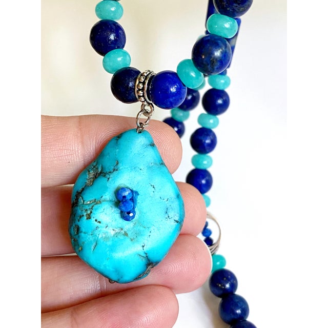 Metal Artisan One-of-a-Kind Gemstone Necklace With Vintage Arizona Turquoise, Lapis Lazuli & Blue Chalcedony For Sale - Image 7 of 18