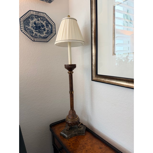Pair of Maitland-Smith Candlestick-Form Table Lamps With Original Shades Harp and Finials For Sale - Image 13 of 14