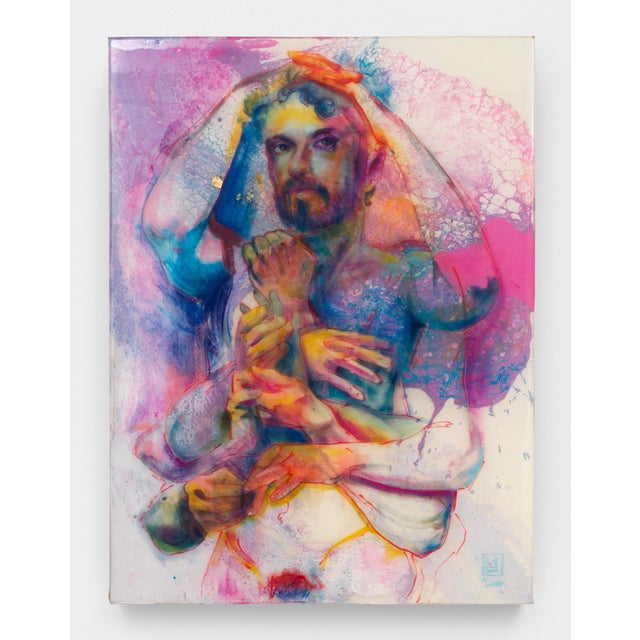 The artwork explores themes of masculinity through a vibrant interplay of colors and textures, blending oil, acrylic, and...