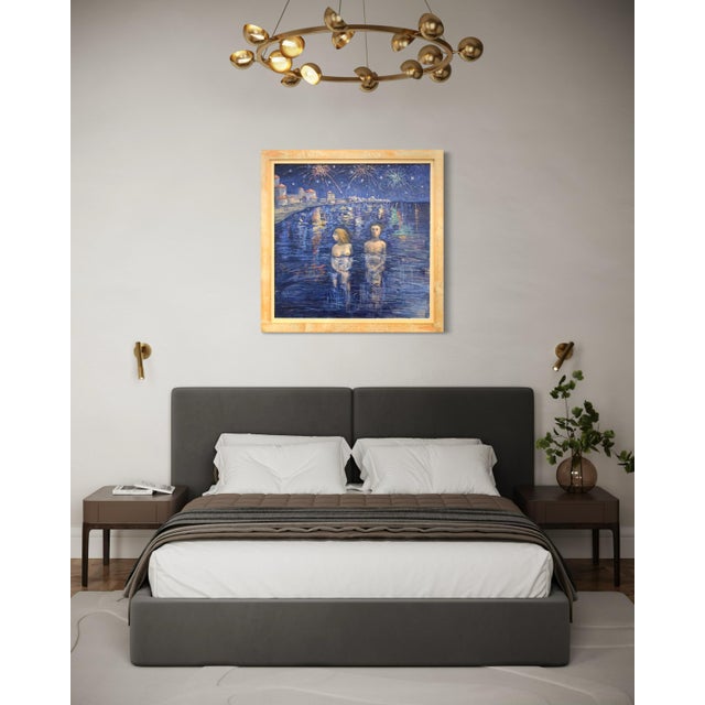 Wood Giampaolo Talani "Mid-August Night" Oil on Board, Large Figurative Nocturne, Tuscan Coastal Art, Contemporary Art by Italian Master, 2000 For Sale - Image 7 of 10