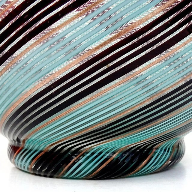 Mid 20th Century Dino Martens Murano Vintage Blue Black Copper Aventurine Italian Art Glass Centerpiece Flower Vase For Sale - Image 5 of 11