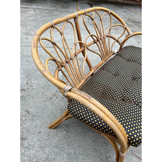 Up for consideration is a beautiful vintage Albini style bamboo settee with a polka dot cushion. This would look lovely in...