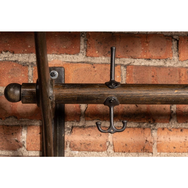 Brown Early Two-Tier Wall Mounted Firehouse Coat Rack With Wood Rails For Sale - Image 8 of 8